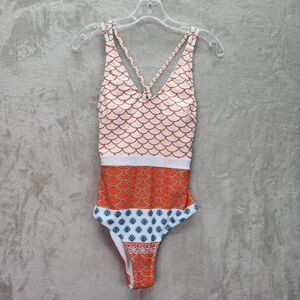 Cupshe Women's Orange and White Cross Back Geometric One Piece Swimsuit